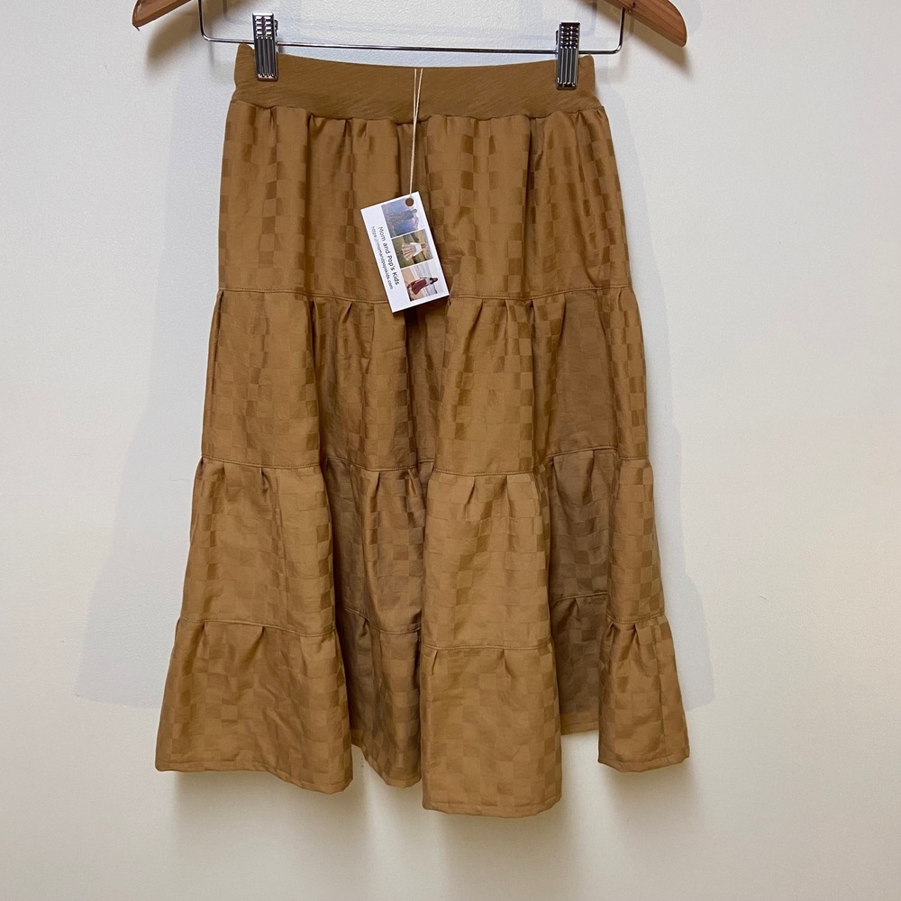 Girls Maxi Mom and Pop's Kids Skirt Sz 8 Camel Brown Tiered Upcycled Cotton